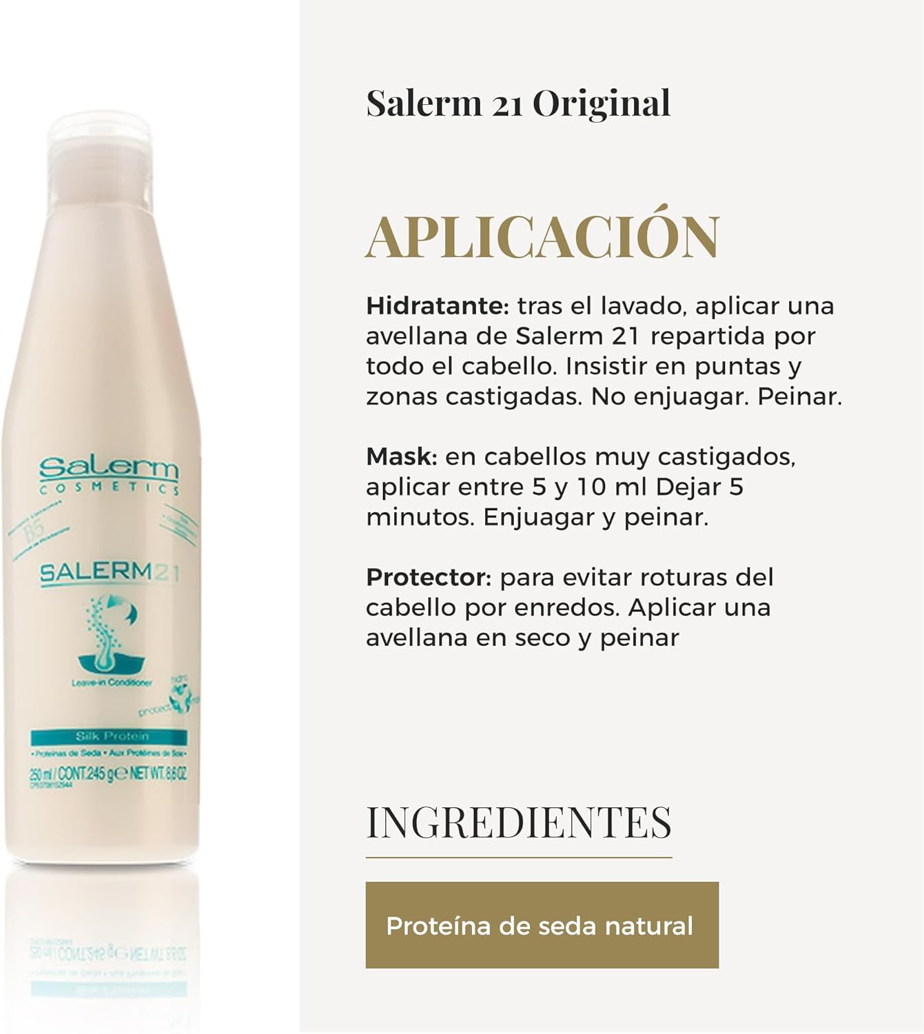 SALERM - Acondicionador de Pelo Instantáneo - Salerm 21 Silk Protein - 250 ml - sin Aclarado o con Aclarado - con Proteínas de Seda - Protector del Calor e Hidratante