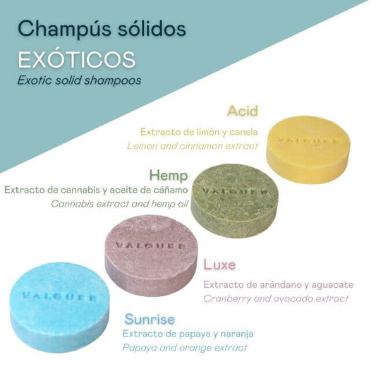 Pack 4 champús sólidos exóticos: Acid, Luxe, Sunrise y Hemp - 200 g